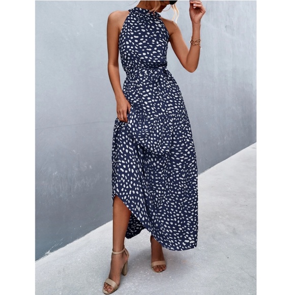 Spotted Print Maxi Dress Tie Belt High Neck - Picture 10 of 13